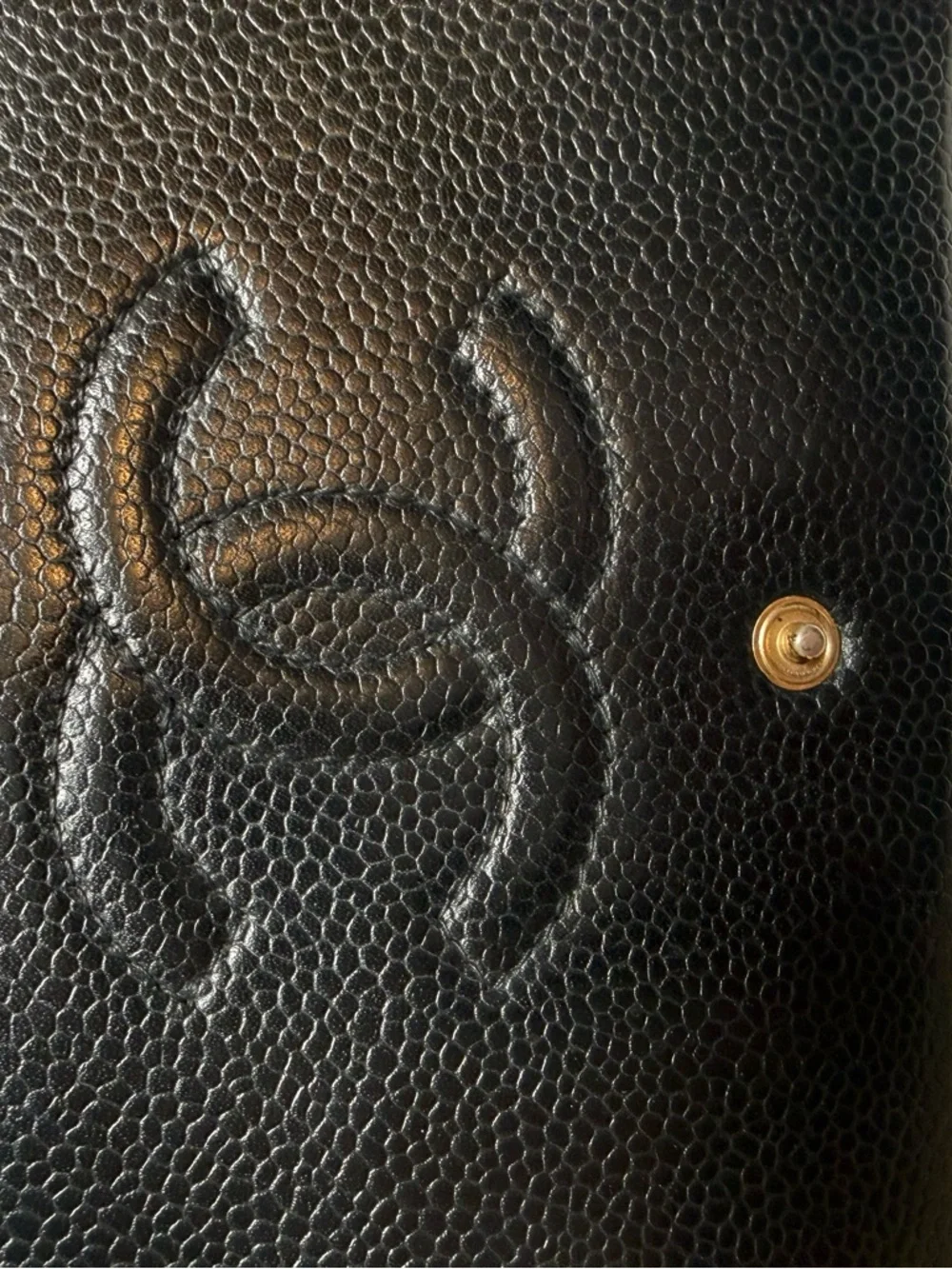 Chanel Vintage Black Caviar Leather CC Logo Long Wallet Clutch Gold tone